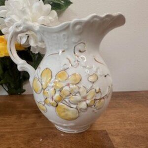 Wheeling Pottery Antique Pitcher White Embossed Floral Ruffled Rim Vase Yellow‎